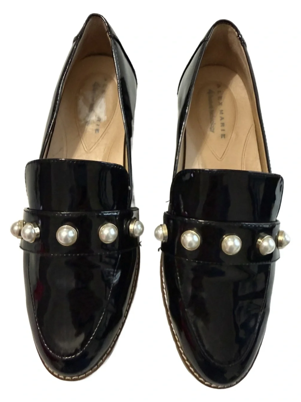 Alex Marie Black Patent Loafers with Pearl Accent. 8M